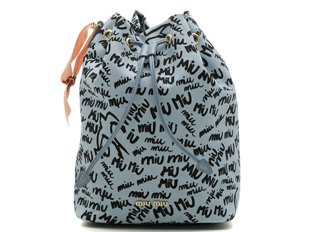 Miu Miu drawstring Pouch Clutch blue black canvas calfskin